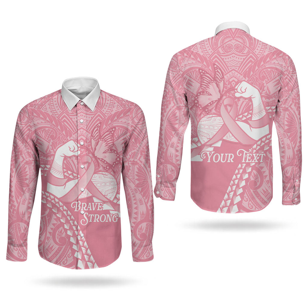Personalised Polynesia Breast Cancer Awareness Couples Matching Off Shoulder Short Dress and Long Sleeve Button Shirt Brave Strong Butterfly Pink Ribbon LT14 - Polynesian Pride