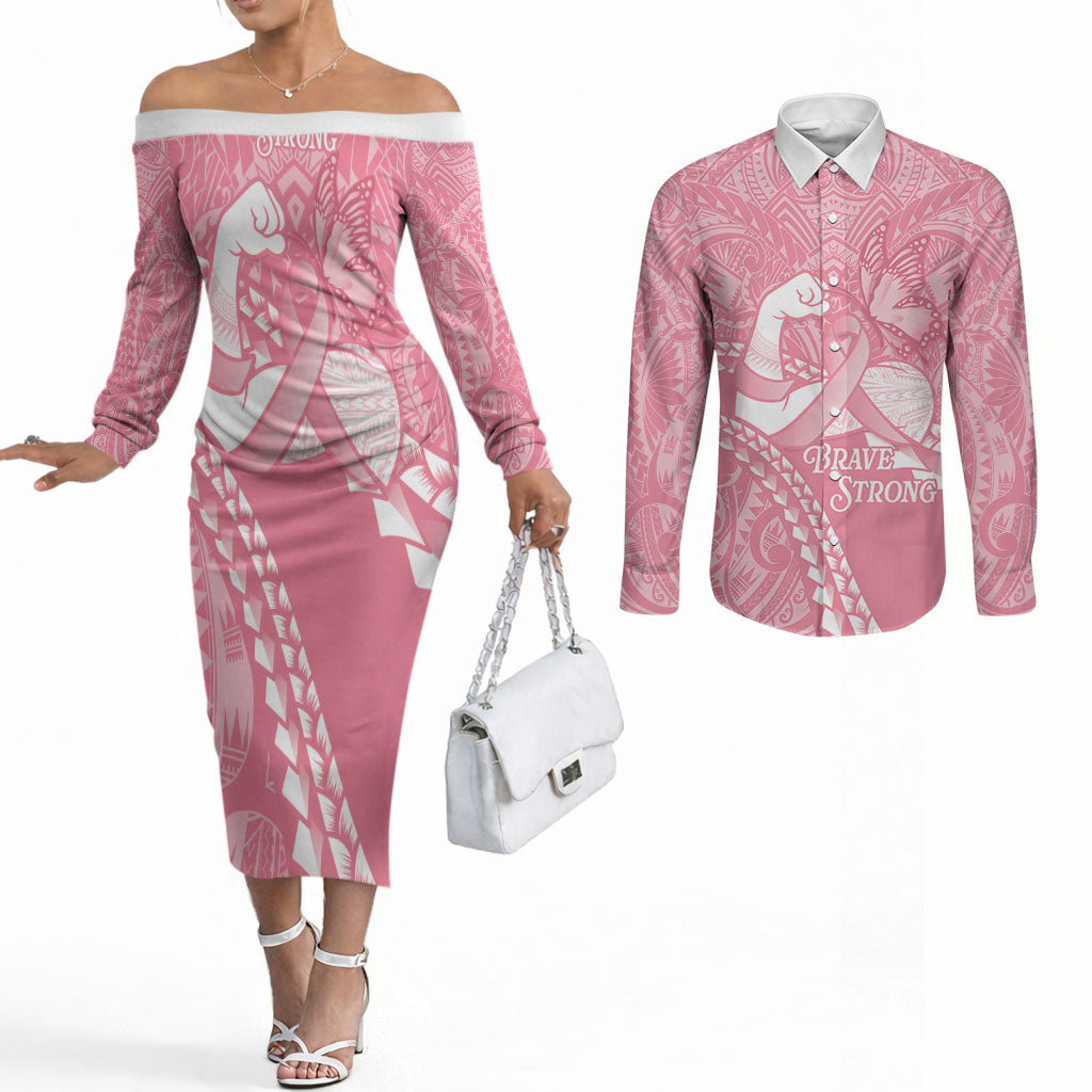 Personalised Polynesia Breast Cancer Awareness Couples Matching Off The Shoulder Long Sleeve Dress and Long Sleeve Button Shirt Brave Strong Butterfly Pink Ribbon LT14 Pink - Polynesian Pride