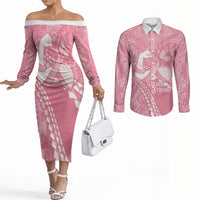 Personalised Polynesia Breast Cancer Awareness Couples Matching Off The Shoulder Long Sleeve Dress and Long Sleeve Button Shirt Brave Strong Butterfly Pink Ribbon LT14 Pink - Polynesian Pride