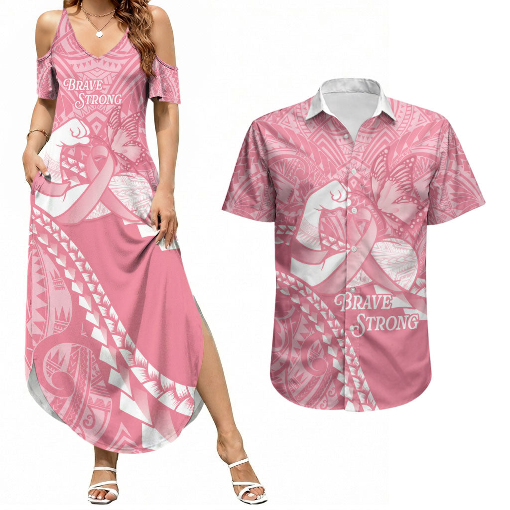 Personalised Polynesia Breast Cancer Awareness Couples Matching Summer Maxi Dress and Hawaiian Shirt Brave Strong Butterfly Pink Ribbon LT14 Pink - Polynesian Pride