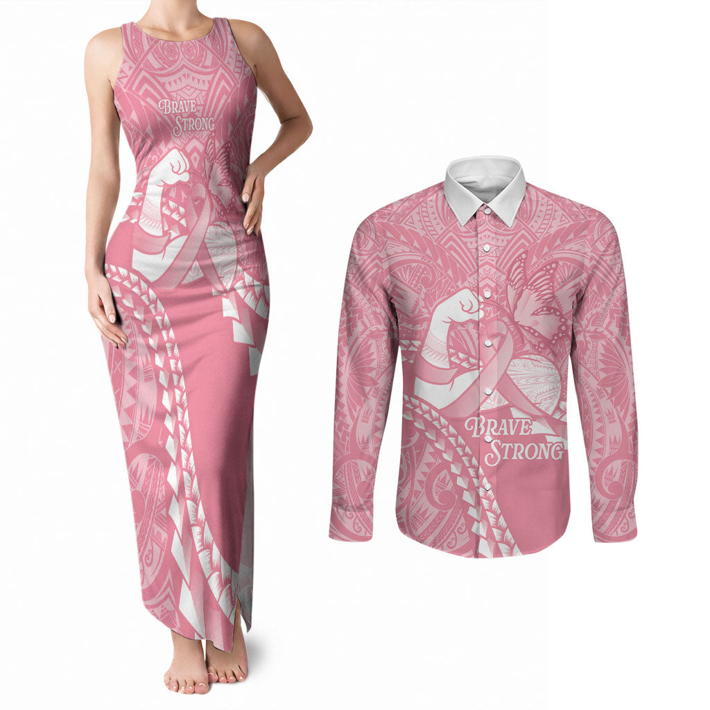 Personalised Polynesia Breast Cancer Awareness Couples Matching Tank Maxi Dress and Long Sleeve Button Shirt Brave Strong Butterfly Pink Ribbon LT14 Pink - Polynesian Pride