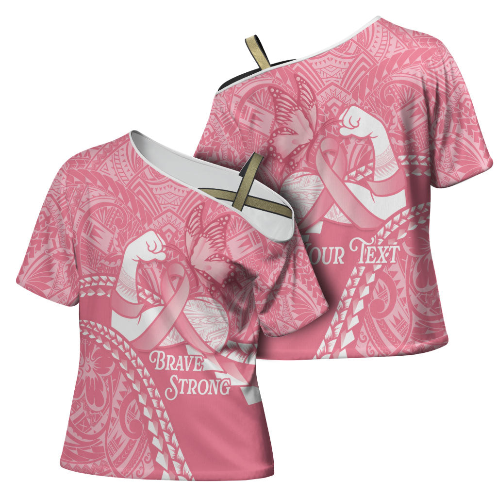 Personalised Polynesia Breast Cancer Awareness Cross Shoulder Shirt Brave Strong Butterfly Pink Ribbon LT14 - Polynesian Pride