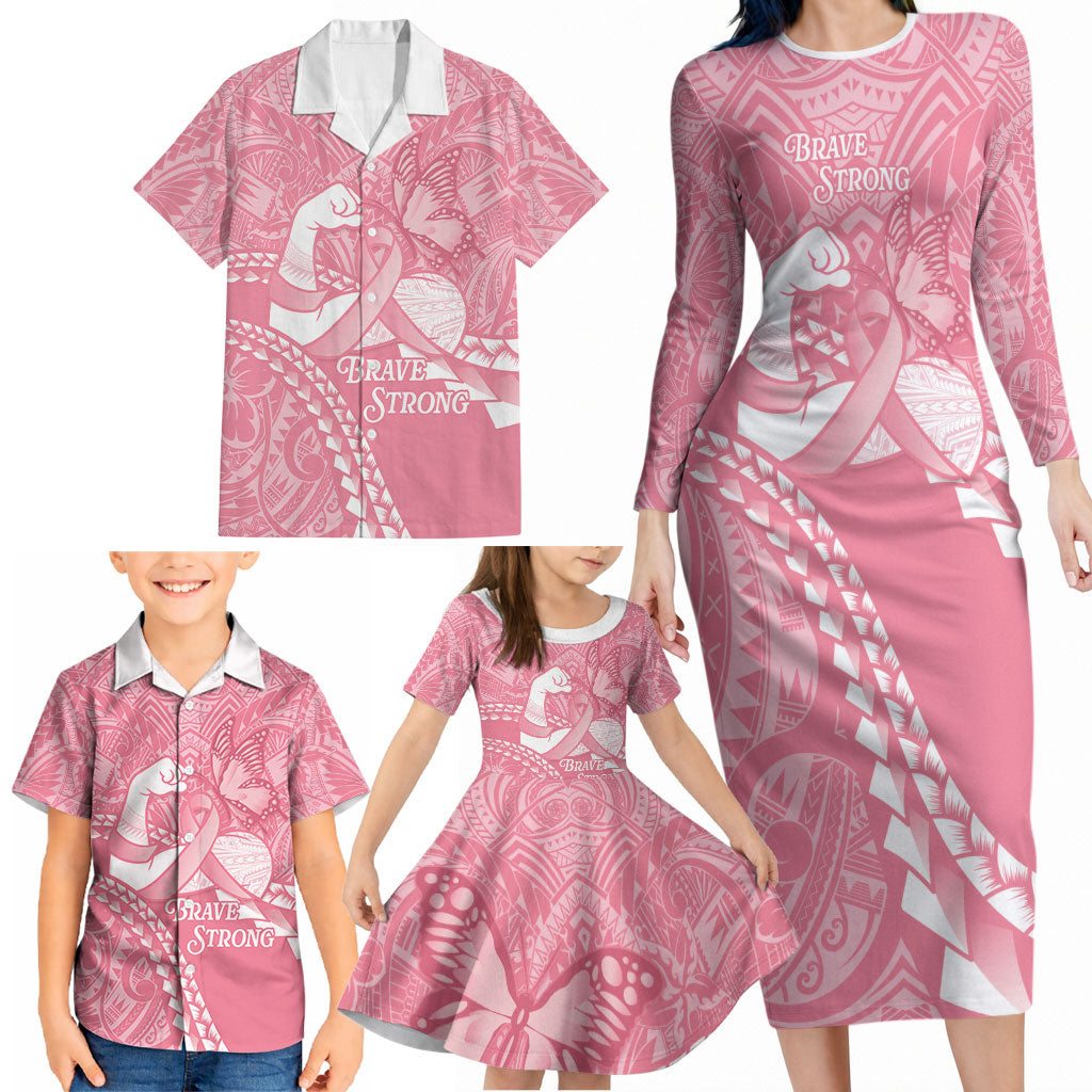 Personalised Polynesia Breast Cancer Awareness Family Matching Long Sleeve Bodycon Dress and Hawaiian Shirt Brave Strong Butterfly Pink Ribbon LT14 - Polynesian Pride