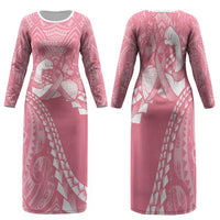 Personalised Polynesia Breast Cancer Awareness Family Matching Long Sleeve Bodycon Dress and Hawaiian Shirt Brave Strong Butterfly Pink Ribbon LT14 Mom's Dress Pink - Polynesian Pride