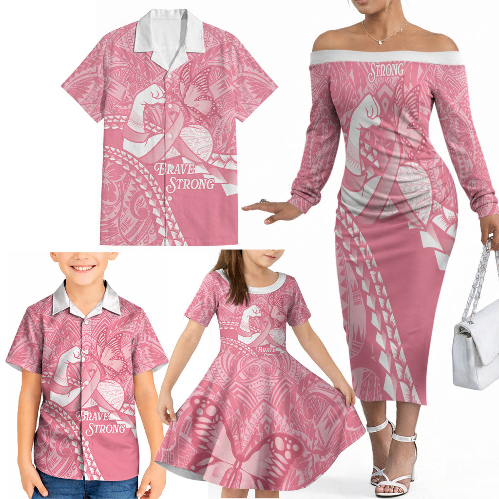 Personalised Polynesia Breast Cancer Awareness Family Matching Off The Shoulder Long Sleeve Dress and Hawaiian Shirt Brave Strong Butterfly Pink Ribbon LT14 - Polynesian Pride