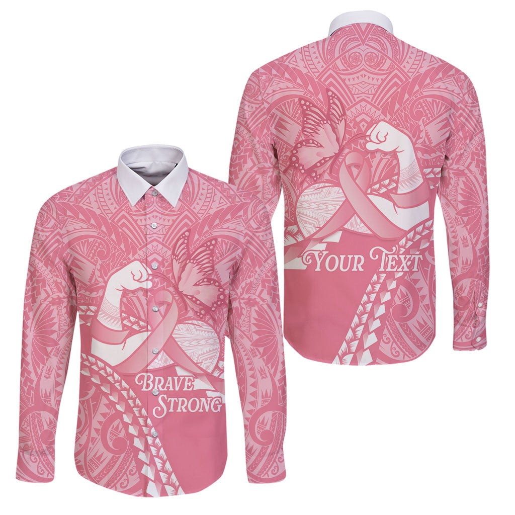 Personalised Polynesia Breast Cancer Awareness Family Matching Off The Shoulder Long Sleeve Dress and Hawaiian Shirt Brave Strong Butterfly Pink Ribbon LT14 Dad's Shirt - Long Sleeve Pink - Polynesian Pride