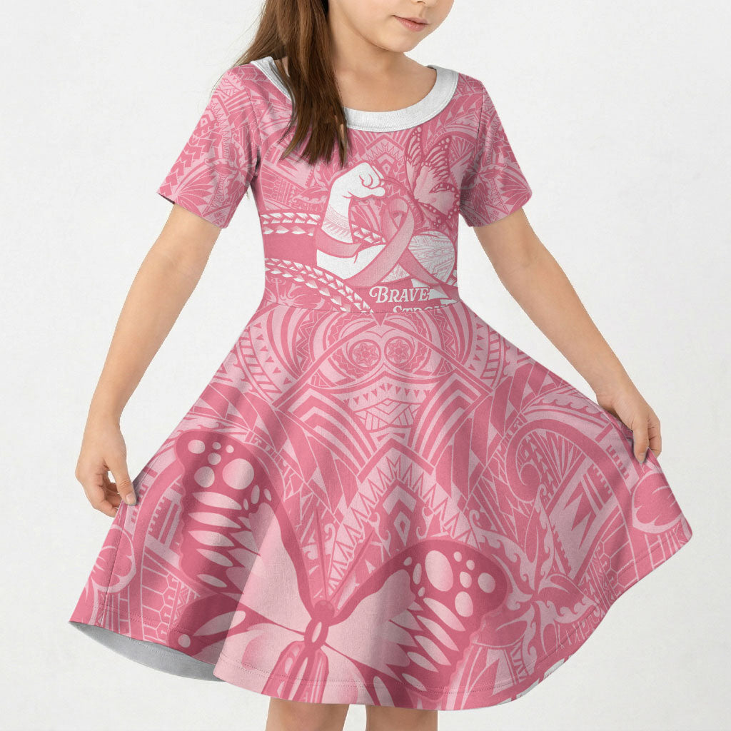 Personalised Polynesia Breast Cancer Awareness Kid Short Sleeve Dress Brave Strong Butterfly Pink Ribbon LT14 KID Pink - Polynesian Pride