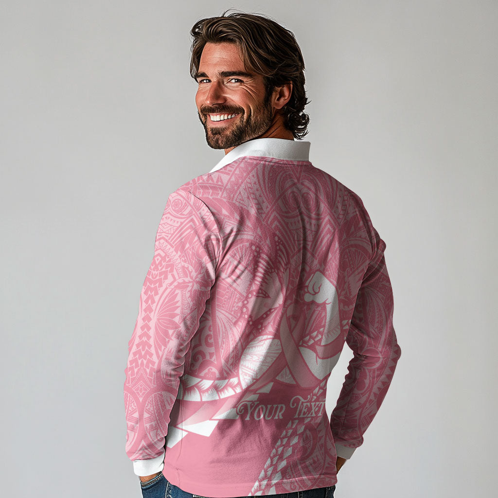 Personalised Polynesia Breast Cancer Awareness Long Sleeve Polo Shirt Brave Strong Butterfly Pink Ribbon LT14 - Polynesian Pride