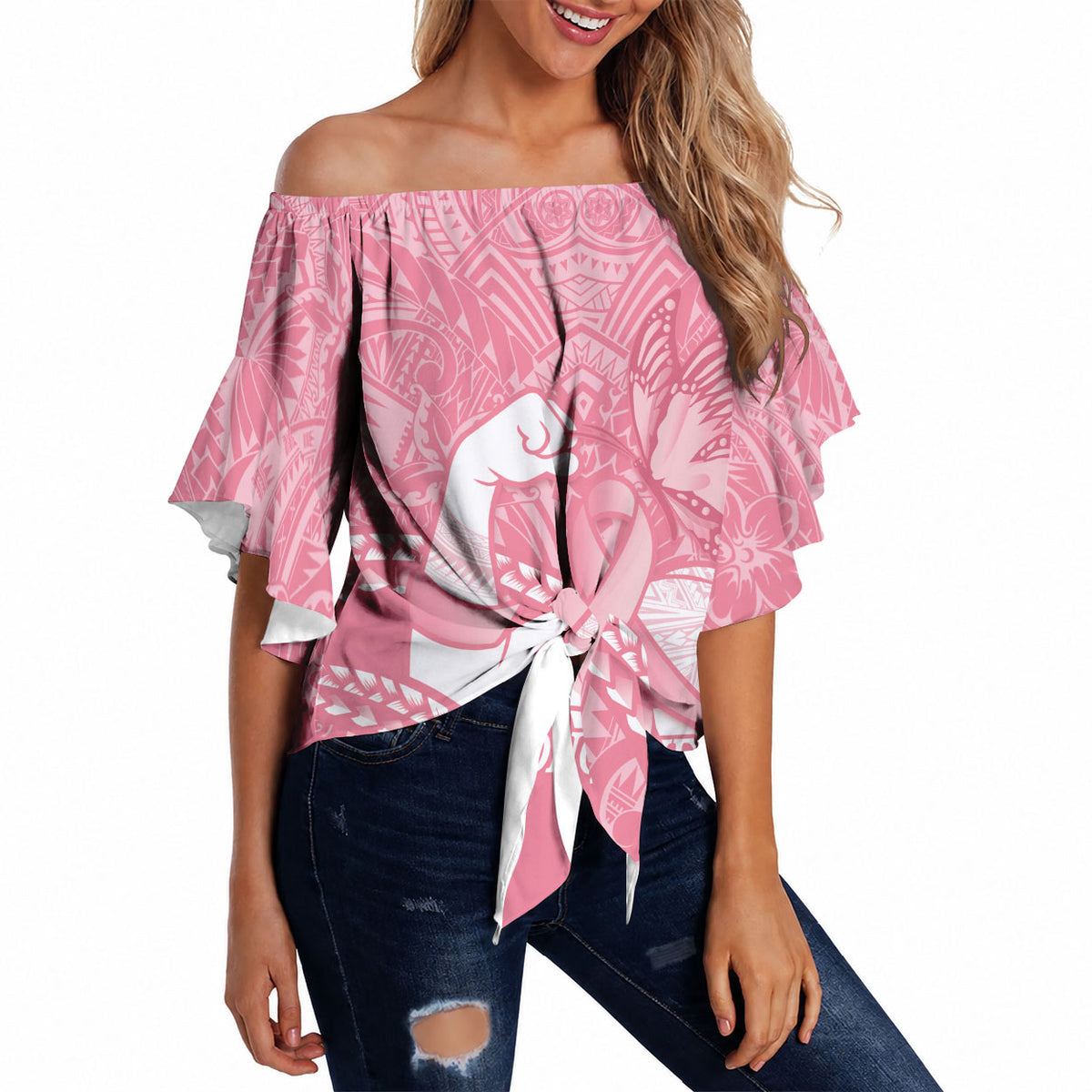 Personalised Polynesia Breast Cancer Awareness Off Shoulder Wrap Waist Top Brave Strong Butterfly Pink Ribbon LT14 Pink - Polynesian Pride