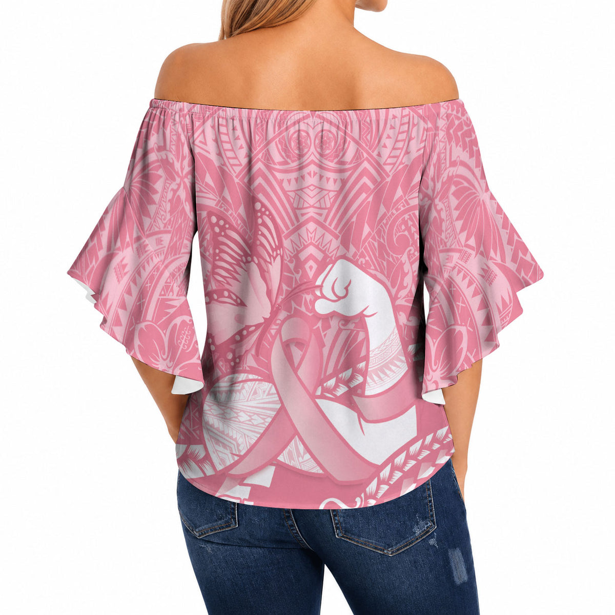 Personalised Polynesia Breast Cancer Awareness Off Shoulder Wrap Waist Top Brave Strong Butterfly Pink Ribbon LT14 - Polynesian Pride