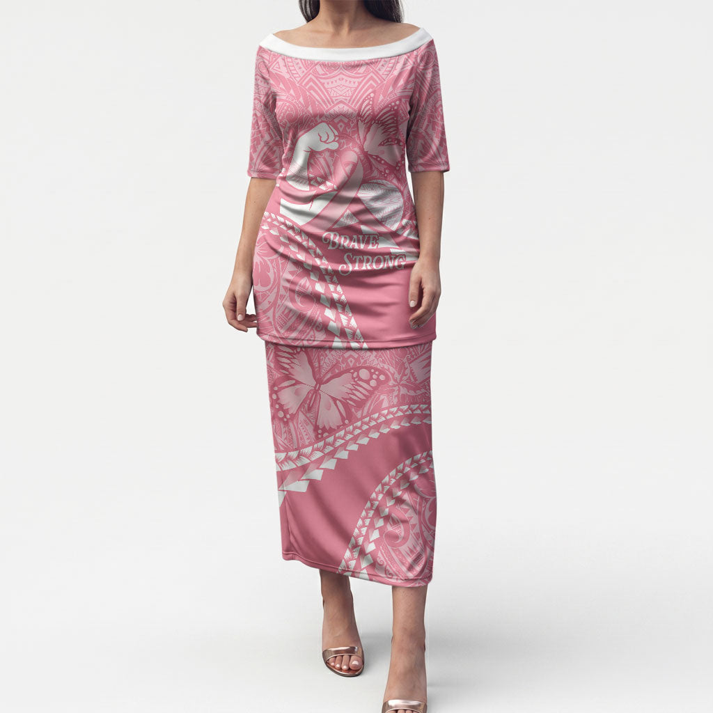 Personalised Polynesia Breast Cancer Awareness Puletasi Brave Strong Butterfly Pink Ribbon LT14 Long Dress Pink - Polynesian Pride