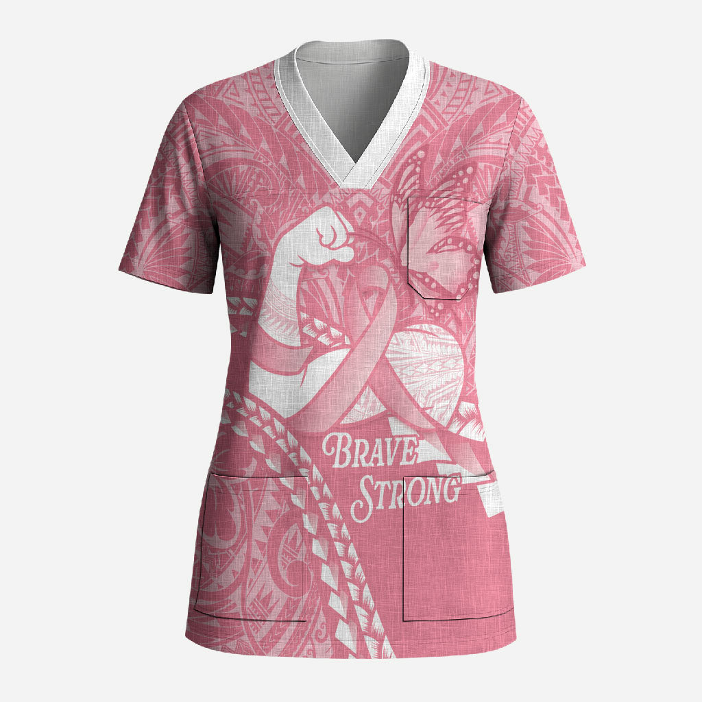 Personalised Polynesia Breast Cancer Awareness Scrub Top Brave Strong Butterfly Pink Ribbon LT14 Adult Pink - Polynesian Pride