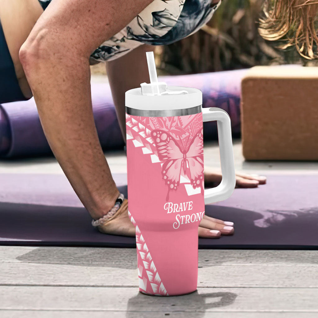 Personalised Polynesia Breast Cancer Awareness Tumbler With Handle Brave Strong Butterfly Pink Ribbon LT14 - Polynesian Pride