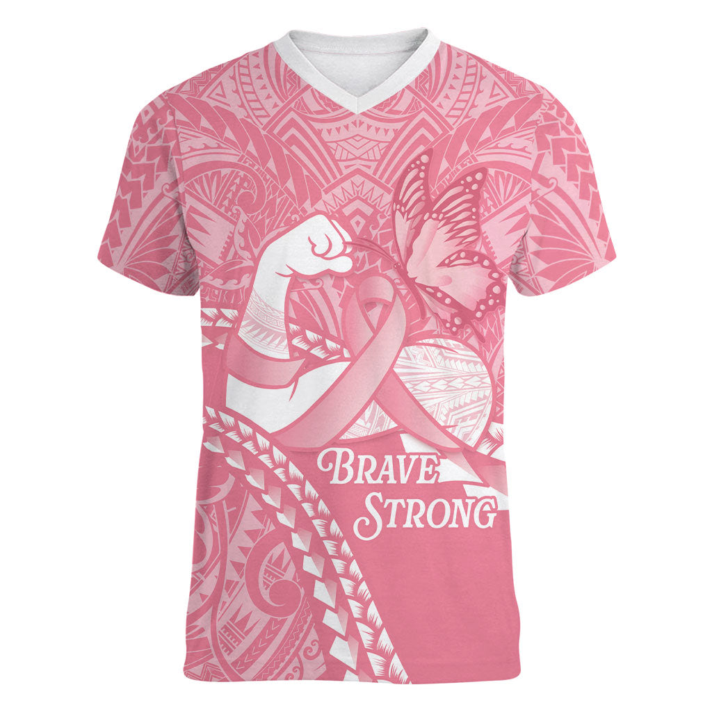 Personalised Polynesia Breast Cancer Awareness Women V-Neck T-Shirt Brave Strong Butterfly Pink Ribbon LT14 Female Pink - Polynesian Pride