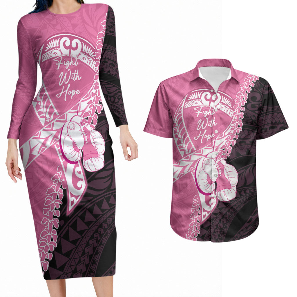Personalised Polynesia Breast Cancer Awareness Couples Matching Long Sleeve Bodycon Dress and Hawaiian Shirt Fight With Hope Pink Ribbon Boxing Gloves LT14 Pink - Polynesian Pride