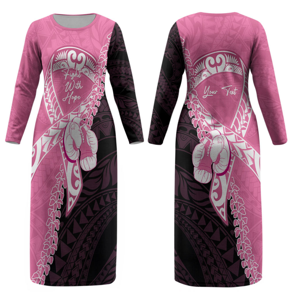 Personalised Polynesia Breast Cancer Awareness Couples Matching Long Sleeve Bodycon Dress and Long Sleeve Button Shirt Fight With Hope Pink Ribbon Boxing Gloves LT14 - Polynesian Pride