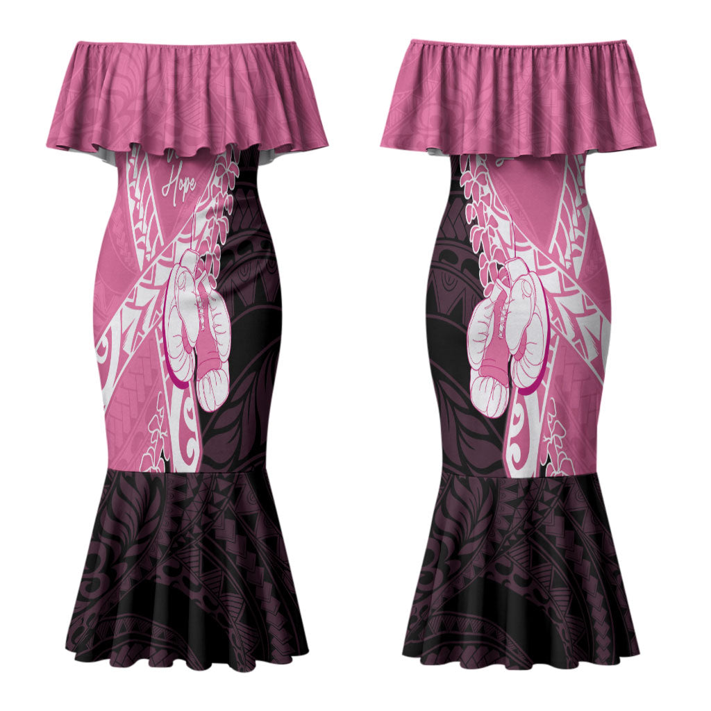 Personalised Polynesia Breast Cancer Awareness Couples Matching Mermaid Dress and Hawaiian Shirt Fight With Hope Pink Ribbon Boxing Gloves LT14 - Polynesian Pride
