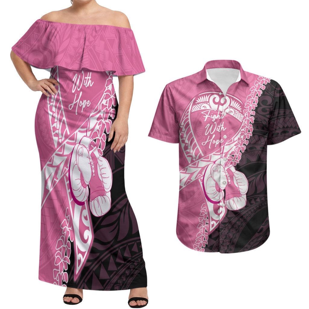 Personalised Polynesia Breast Cancer Awareness Couples Matching Off Shoulder Maxi Dress and Hawaiian Shirt Fight With Hope Pink Ribbon Boxing Gloves LT14 Pink - Polynesian Pride