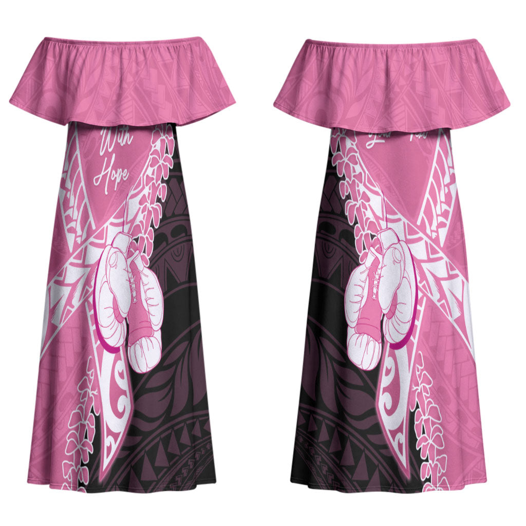 Personalised Polynesia Breast Cancer Awareness Couples Matching Off Shoulder Maxi Dress and Hawaiian Shirt Fight With Hope Pink Ribbon Boxing Gloves LT14 - Polynesian Pride