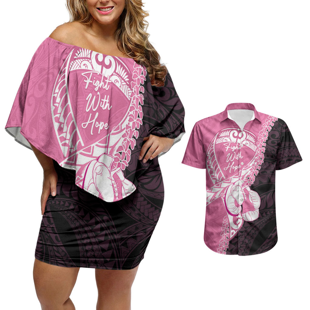 Personalised Polynesia Breast Cancer Awareness Couples Matching Off Shoulder Short Dress and Hawaiian Shirt Fight With Hope Pink Ribbon Boxing Gloves LT14 Pink - Polynesian Pride