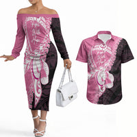 Personalised Polynesia Breast Cancer Awareness Couples Matching Off The Shoulder Long Sleeve Dress and Hawaiian Shirt Fight With Hope Pink Ribbon Boxing Gloves LT14 Pink - Polynesian Pride