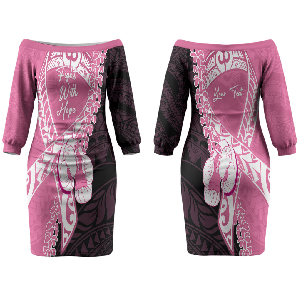 Personalised Polynesia Breast Cancer Awareness Couples Matching Off The Shoulder Long Sleeve Dress and Hawaiian Shirt Fight With Hope Pink Ribbon Boxing Gloves LT14 - Polynesian Pride