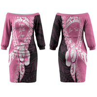 Personalised Polynesia Breast Cancer Awareness Couples Matching Off The Shoulder Long Sleeve Dress and Hawaiian Shirt Fight With Hope Pink Ribbon Boxing Gloves LT14 - Polynesian Pride
