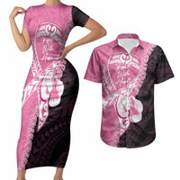 Personalised Polynesia Breast Cancer Awareness Couples Matching Short Sleeve Bodycon Dress and Hawaiian Shirt Fight With Hope Pink Ribbon Boxing Gloves LT14 Pink - Polynesian Pride