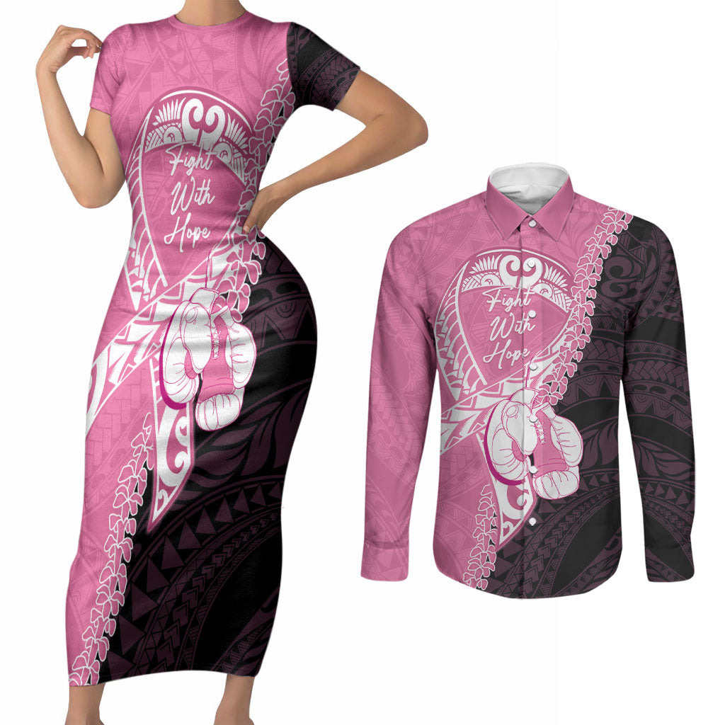 Personalised Polynesia Breast Cancer Awareness Couples Matching Short Sleeve Bodycon Dress and Long Sleeve Button Shirt Fight With Hope Pink Ribbon Boxing Gloves LT14 Pink - Polynesian Pride