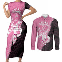 Personalised Polynesia Breast Cancer Awareness Couples Matching Short Sleeve Bodycon Dress and Long Sleeve Button Shirt Fight With Hope Pink Ribbon Boxing Gloves LT14 Pink - Polynesian Pride