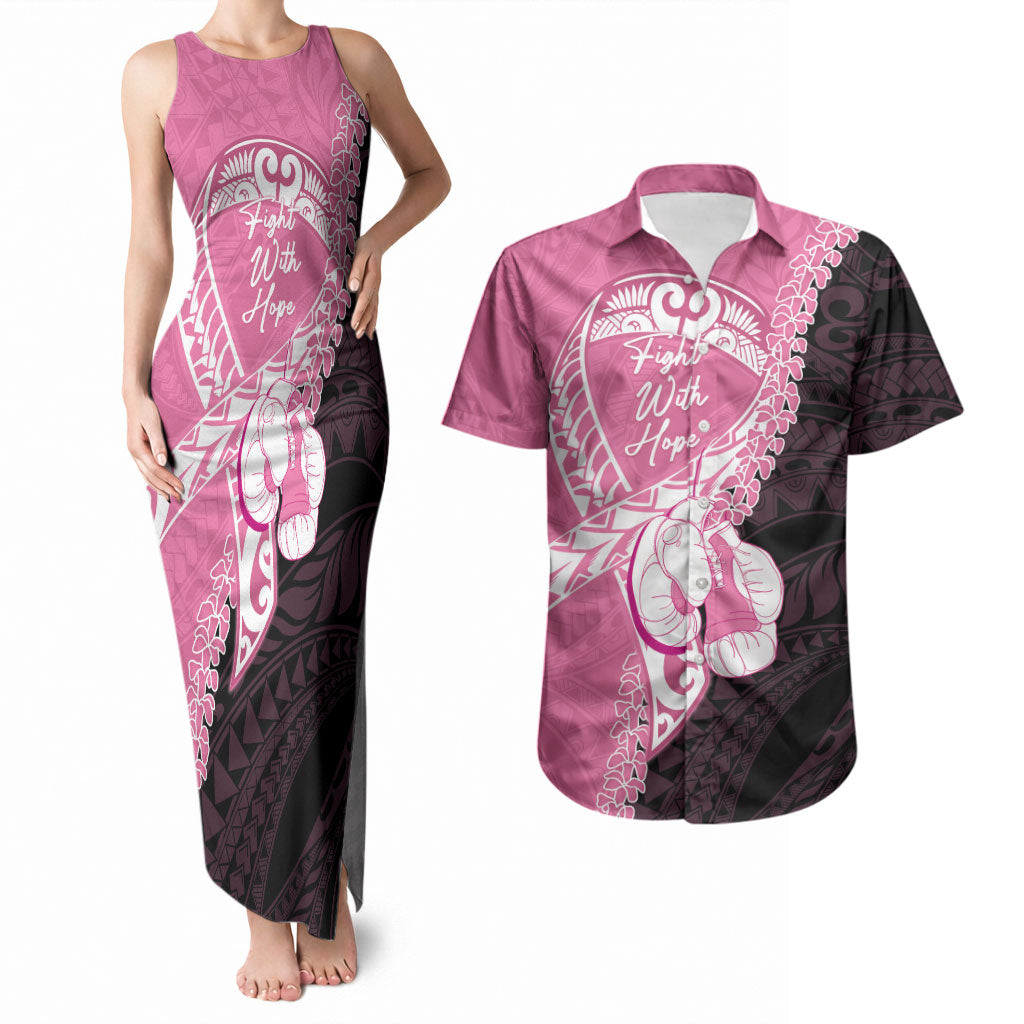 Personalised Polynesia Breast Cancer Awareness Couples Matching Tank Maxi Dress and Hawaiian Shirt Fight With Hope Pink Ribbon Boxing Gloves LT14 Pink - Polynesian Pride