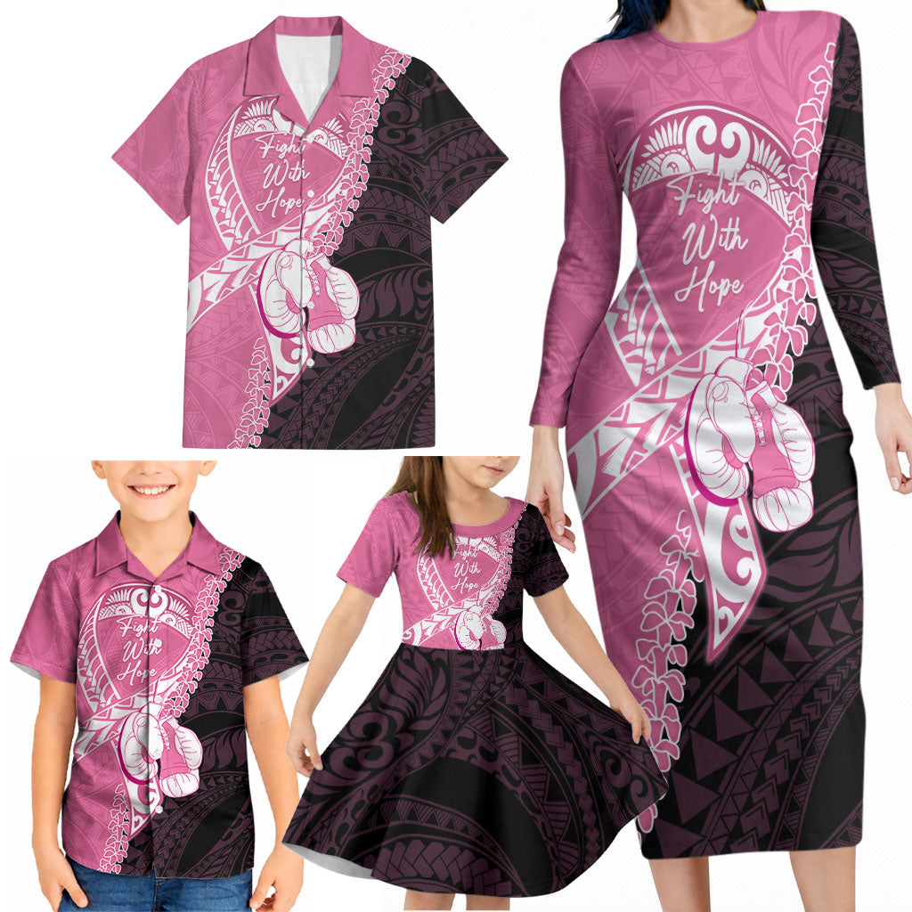Personalised Polynesia Breast Cancer Awareness Family Matching Long Sleeve Bodycon Dress and Hawaiian Shirt Fight With Hope Pink Ribbon Boxing Gloves LT14 - Polynesian Pride