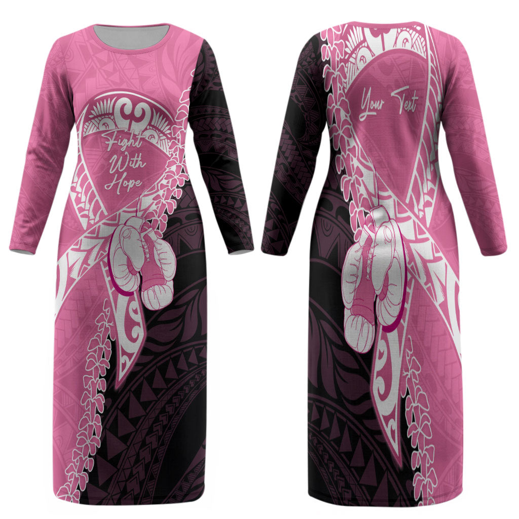 Personalised Polynesia Breast Cancer Awareness Family Matching Long Sleeve Bodycon Dress and Hawaiian Shirt Fight With Hope Pink Ribbon Boxing Gloves LT14 Mom's Dress Pink - Polynesian Pride