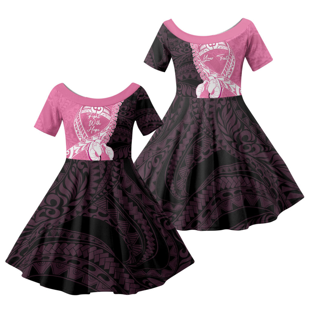 Personalised Polynesia Breast Cancer Awareness Family Matching Long Sleeve Bodycon Dress and Hawaiian Shirt Fight With Hope Pink Ribbon Boxing Gloves LT14 Daughter's Dress Pink - Polynesian Pride