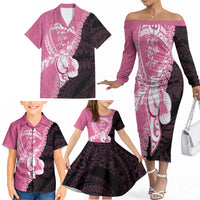 Personalised Polynesia Breast Cancer Awareness Family Matching Off The Shoulder Long Sleeve Dress and Hawaiian Shirt Fight With Hope Pink Ribbon Boxing Gloves LT14 - Polynesian Pride