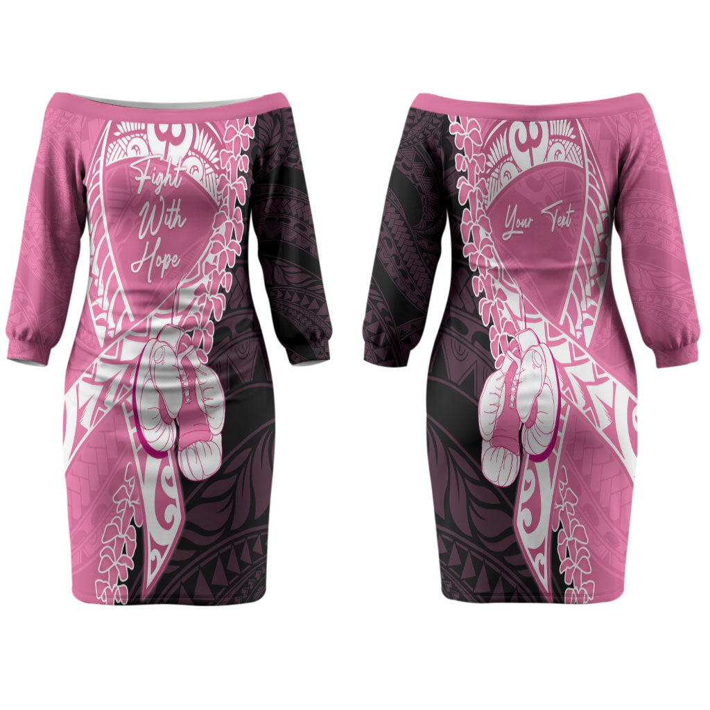 Personalised Polynesia Breast Cancer Awareness Family Matching Off The Shoulder Long Sleeve Dress and Hawaiian Shirt Fight With Hope Pink Ribbon Boxing Gloves LT14 Mom's Dress Pink - Polynesian Pride