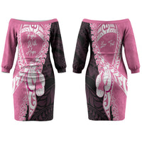 Personalised Polynesia Breast Cancer Awareness Family Matching Off The Shoulder Long Sleeve Dress and Hawaiian Shirt Fight With Hope Pink Ribbon Boxing Gloves LT14 Mom's Dress Pink - Polynesian Pride