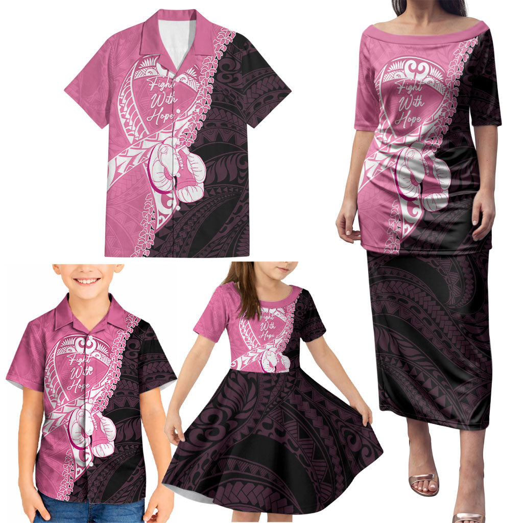 Personalised Polynesia Breast Cancer Awareness Family Matching Puletasi and Hawaiian Shirt Fight With Hope Pink Ribbon Boxing Gloves LT14 - Polynesian Pride