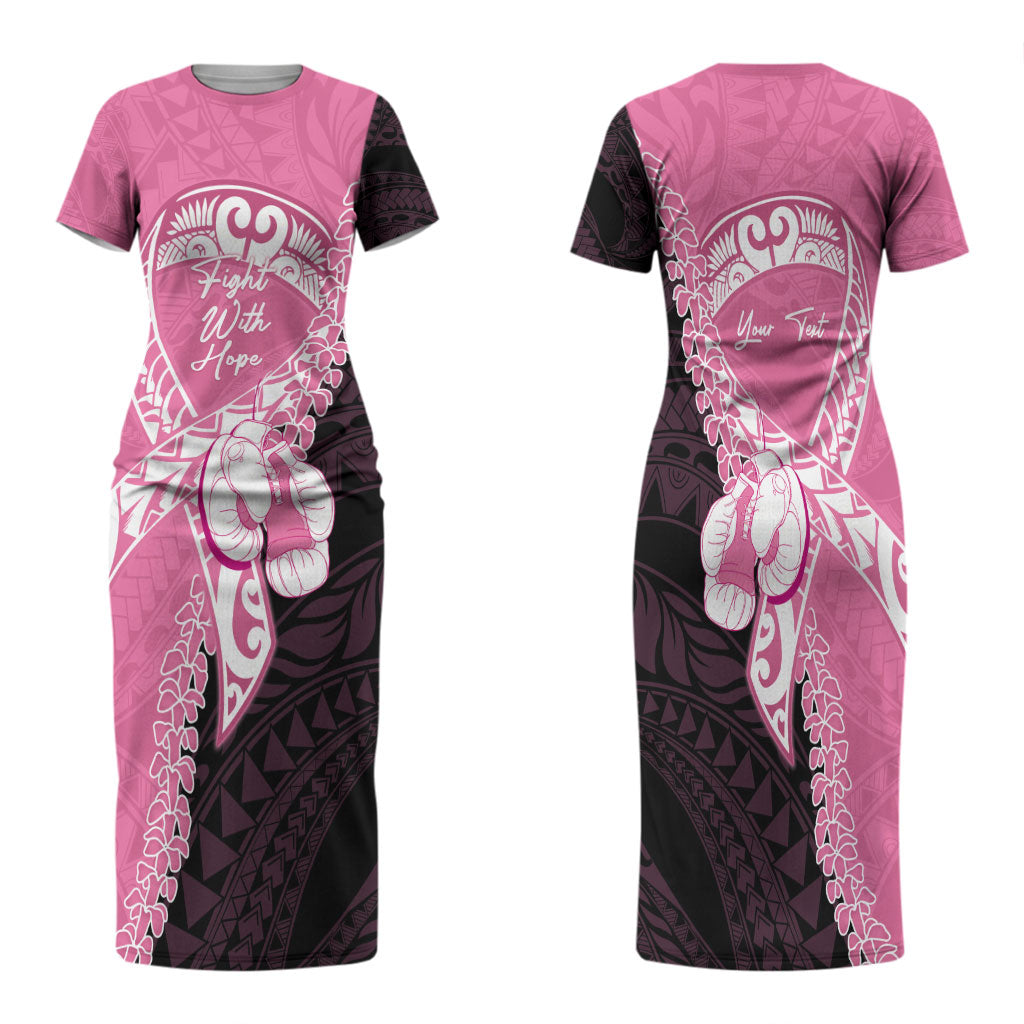 Personalised Polynesia Breast Cancer Awareness Family Matching Short Sleeve Bodycon Dress and Hawaiian Shirt Fight With Hope Pink Ribbon Boxing Gloves LT14 Mom's Dress Pink - Polynesian Pride