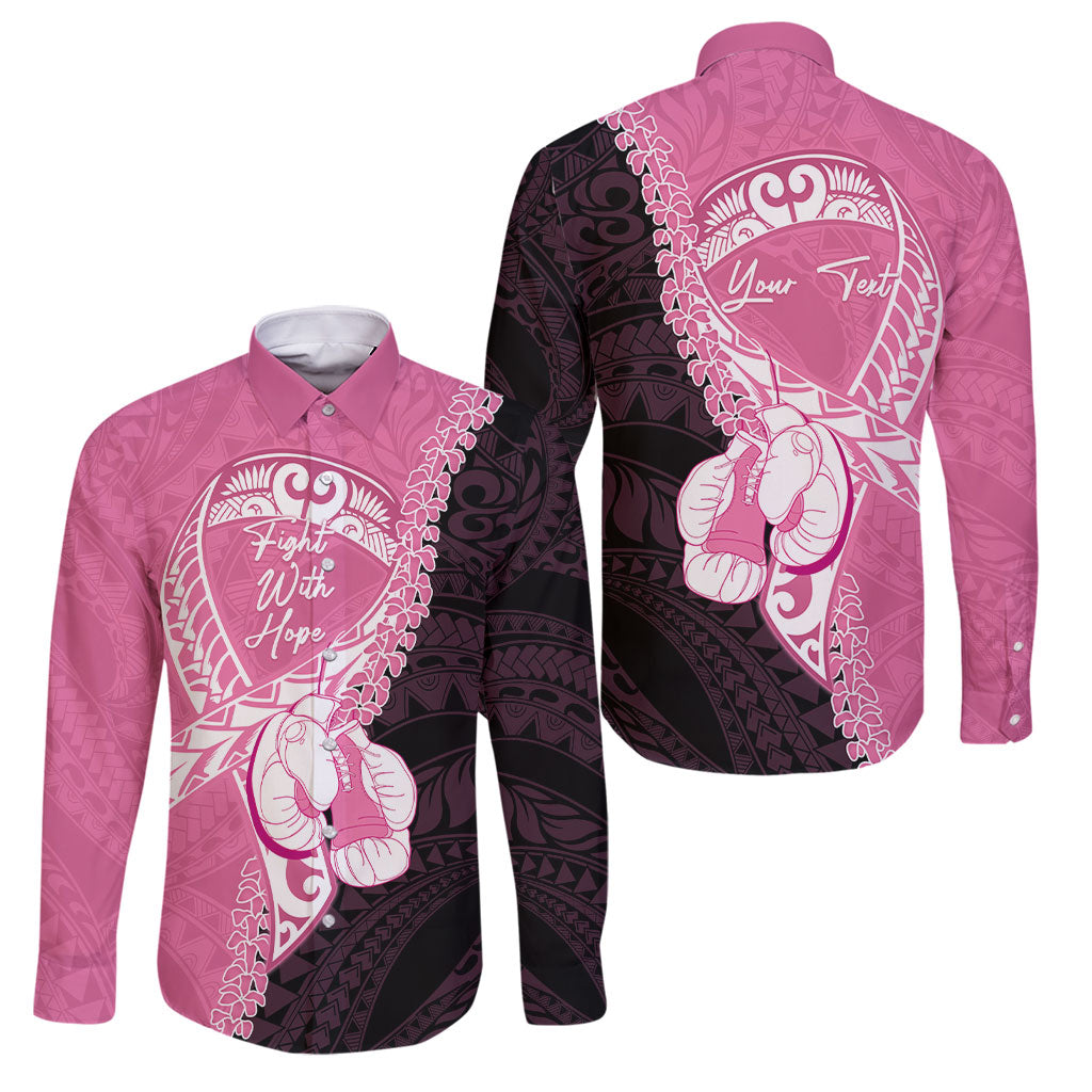 Personalised Polynesia Breast Cancer Awareness Family Matching Short Sleeve Bodycon Dress and Hawaiian Shirt Fight With Hope Pink Ribbon Boxing Gloves LT14 Dad's Shirt - Long Sleeve Pink - Polynesian Pride