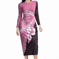 Personalised Polynesia Breast Cancer Awareness Long Sleeve Bodycon Dress Fight With Hope Pink Ribbon Boxing Gloves LT14 Long Dress Pink - Polynesian Pride