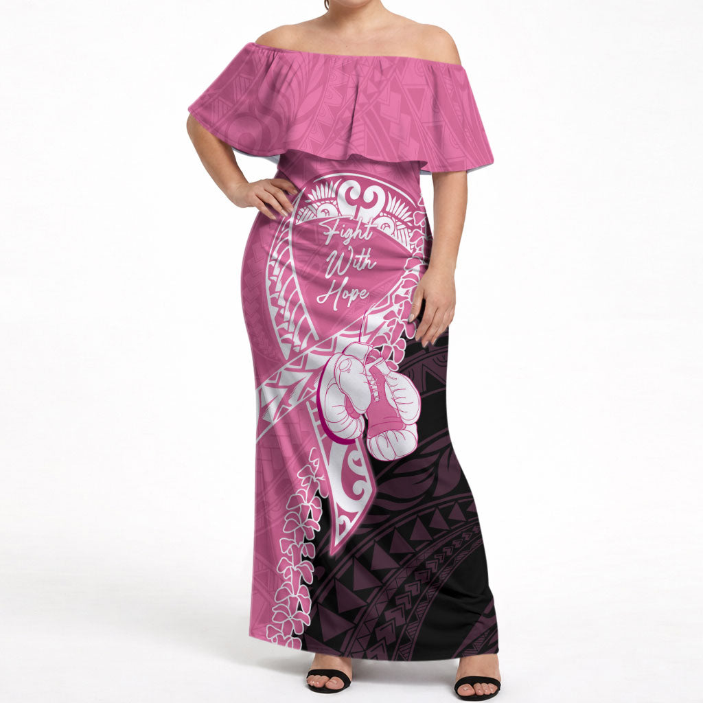 Personalised Polynesia Breast Cancer Awareness Off Shoulder Maxi Dress Fight With Hope Pink Ribbon Boxing Gloves LT14 Women Pink - Polynesian Pride