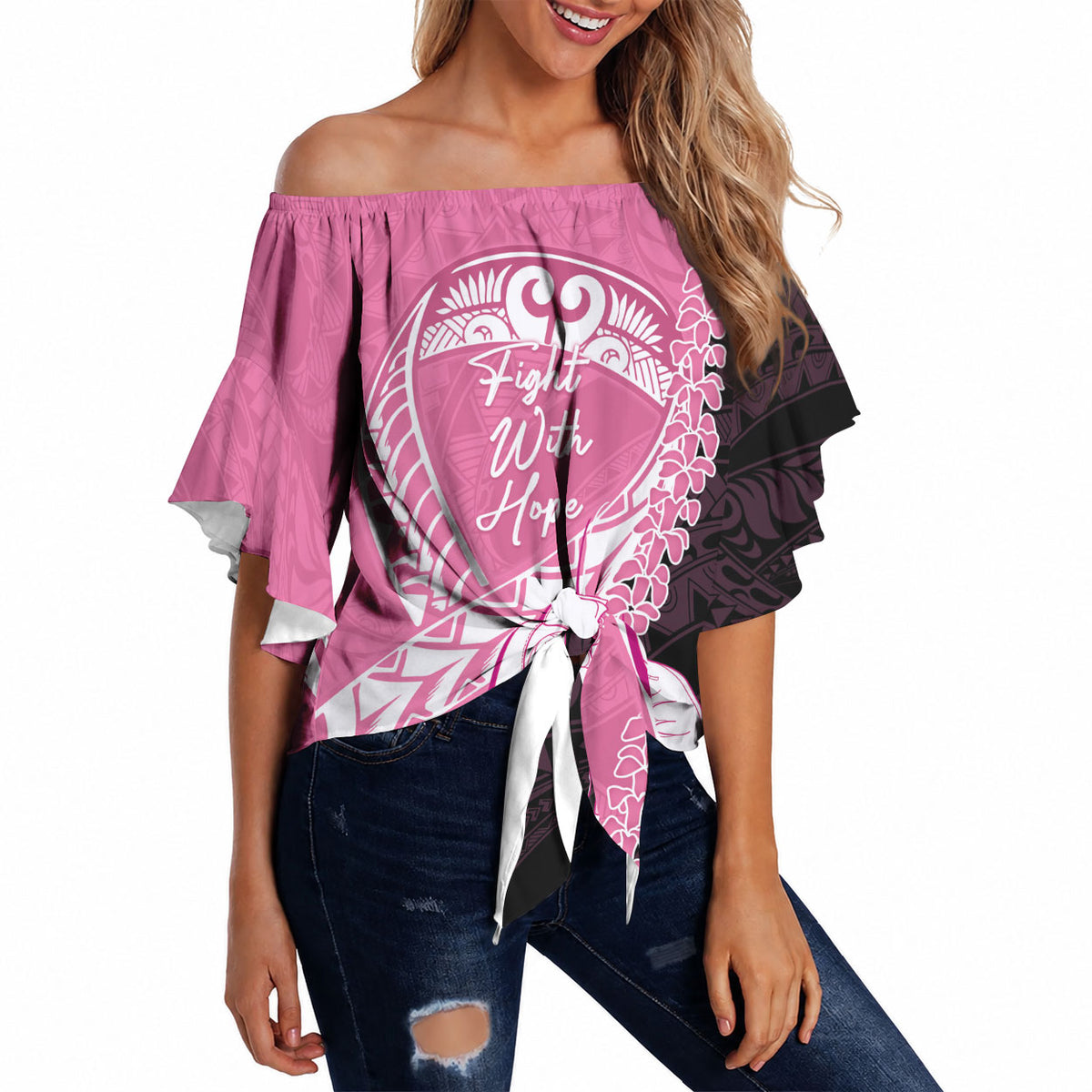 Personalised Polynesia Breast Cancer Awareness Off Shoulder Wrap Waist Top Fight With Hope Pink Ribbon Boxing Gloves LT14 Pink - Polynesian Pride