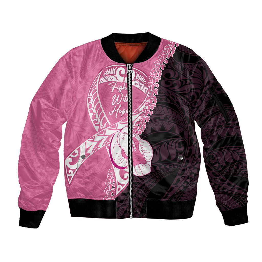 Personalised Polynesia Breast Cancer Awareness Sleeve Zip Bomber Jacket Fight With Hope Pink Ribbon Boxing Gloves LT14 Unisex Pink - Polynesian Pride