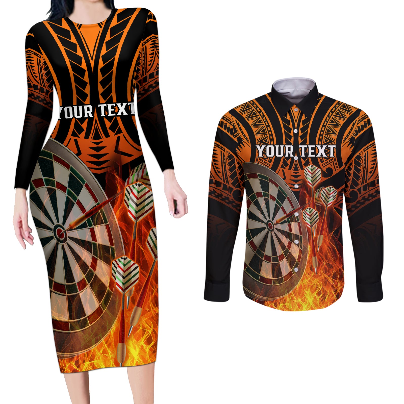 Personalised Polynesian Darts Couples Matching Long Sleeve Bodycon Dress and Long Sleeve Button Shirts Fire Burning With Tribal Tattoo LT14 Orange - Polynesian Pride