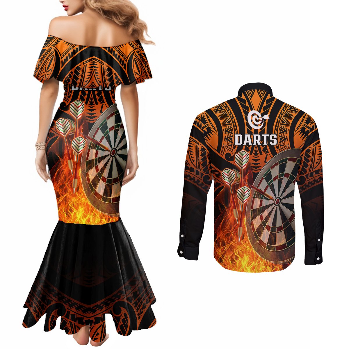 Personalised Polynesian Darts Couples Matching Mermaid Dress and Long Sleeve Button Shirts Fire Burning With Tribal Tattoo LT14 - Polynesian Pride