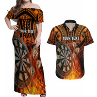 Personalised Polynesian Darts Couples Matching Off Shoulder Maxi Dress and Hawaiian Shirt Fire Burning With Tribal Tattoo LT14 Orange - Polynesian Pride