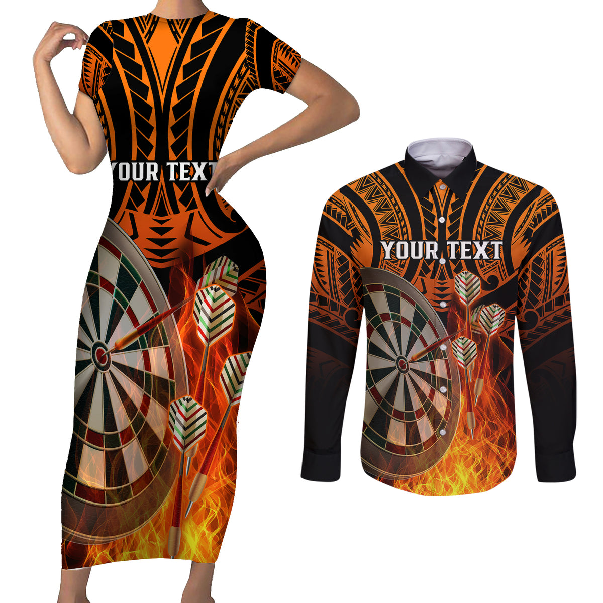 Personalised Polynesian Darts Couples Matching Short Sleeve Bodycon Dress and Long Sleeve Button Shirts Fire Burning With Tribal Tattoo LT14 Orange - Polynesian Pride