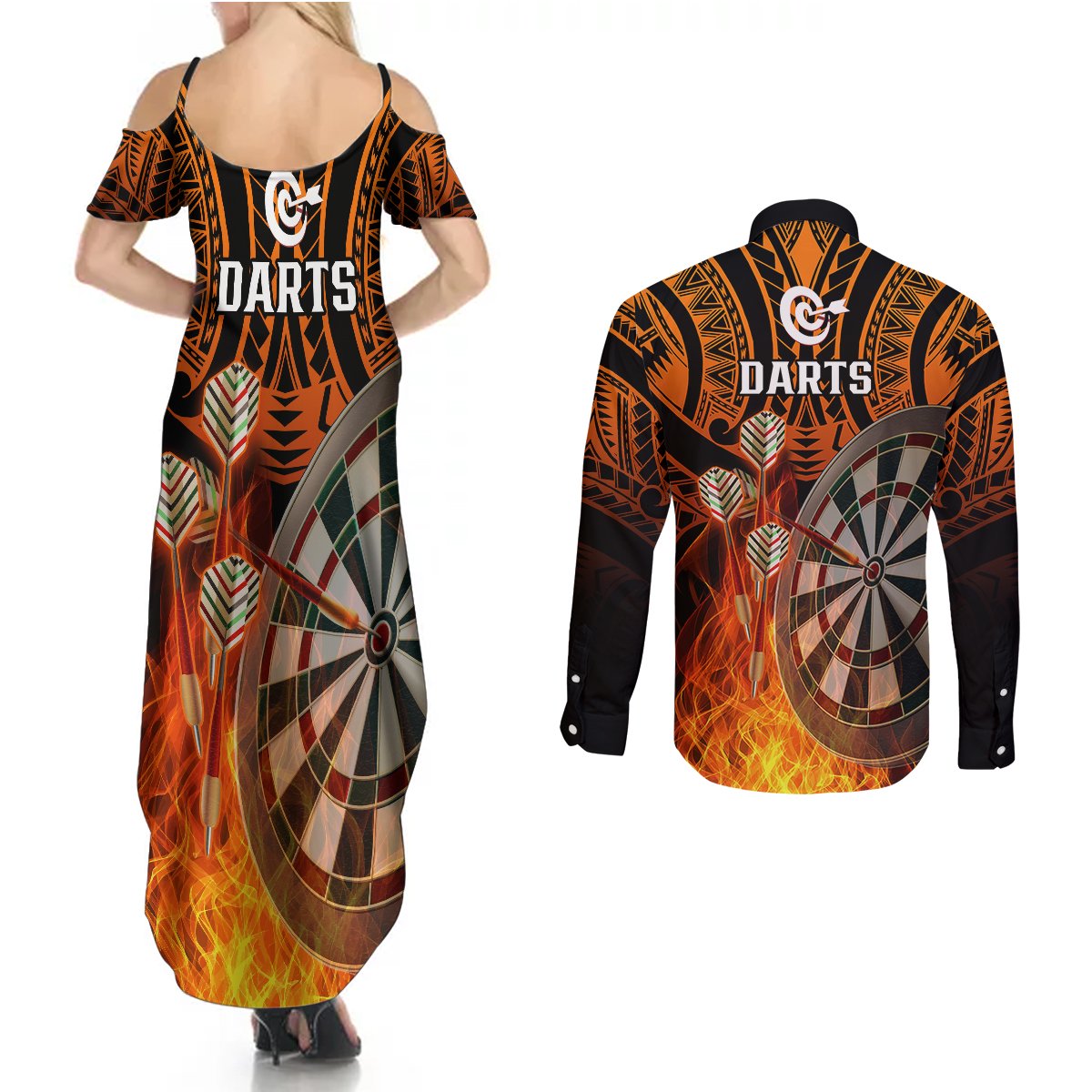 Personalised Polynesian Darts Couples Matching Summer Maxi Dress and Long Sleeve Button Shirts Fire Burning With Tribal Tattoo LT14 - Polynesian Pride