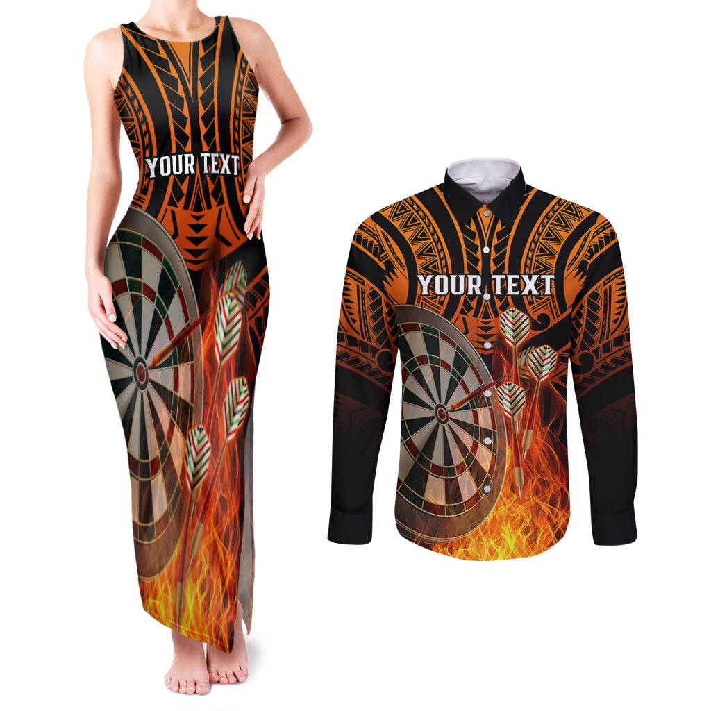 Personalised Polynesian Darts Couples Matching Tank Maxi Dress and Long Sleeve Button Shirts Fire Burning With Tribal Tattoo LT14 Orange - Polynesian Pride